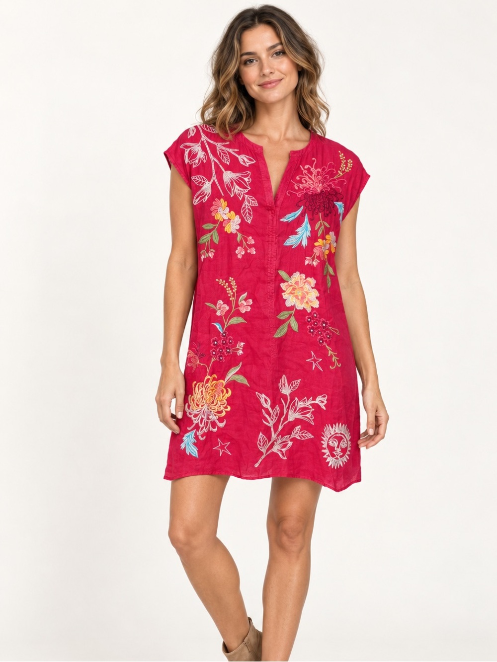 Johnny Was Workshop Embroidered Floral Dress Small Pink Boho Tunic Shift